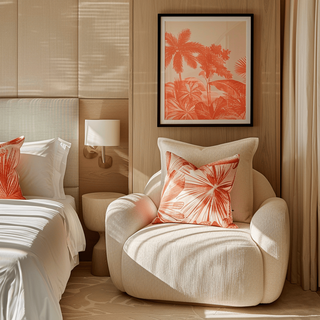 Bedroom with coral duvet on white bed