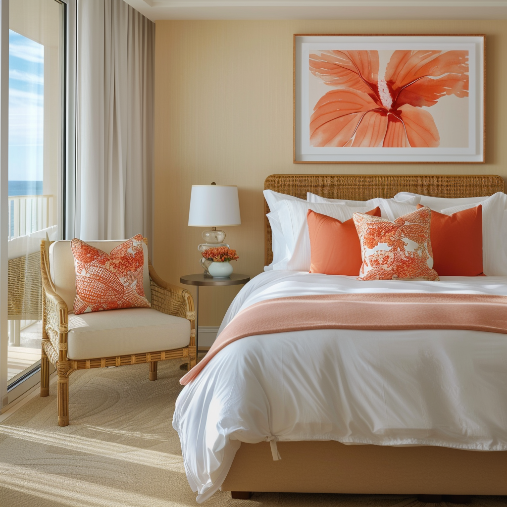 Bedroom with coral duvet on white bed2