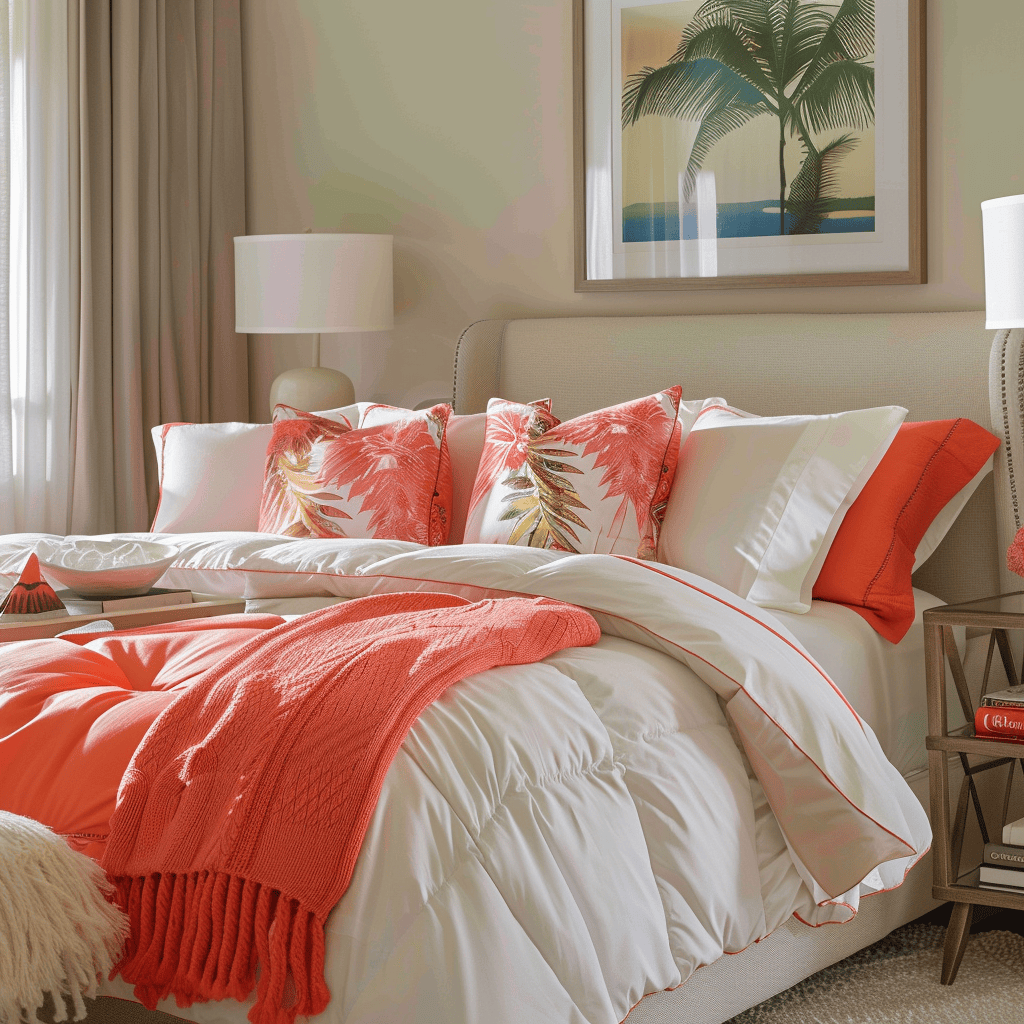 Bedroom with coral duvet on white bed3