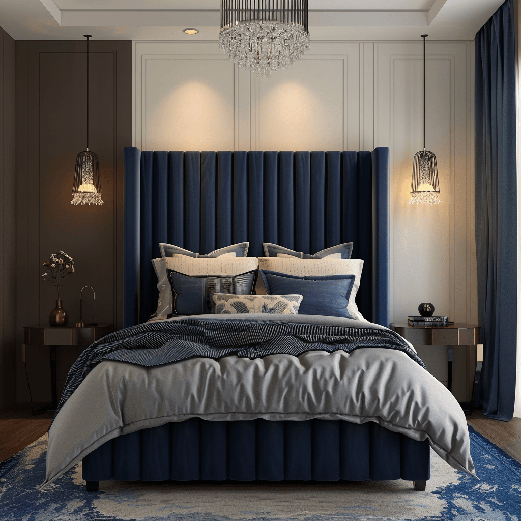 Bedroom with navy upholstered headboard 3