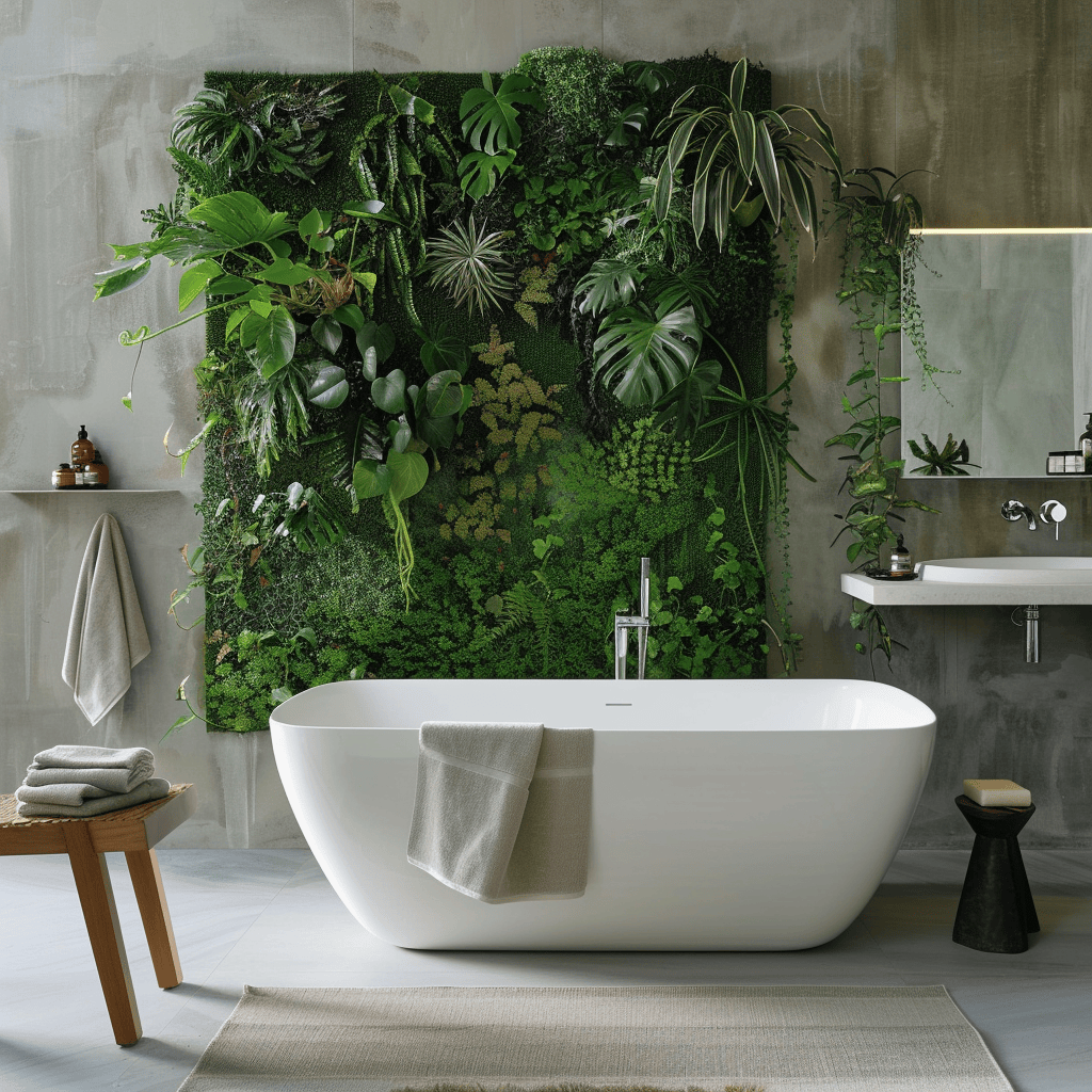 Bio philic Scandinavian bathroom with a green wall installation exhibiting a diverse selection of healthy plants