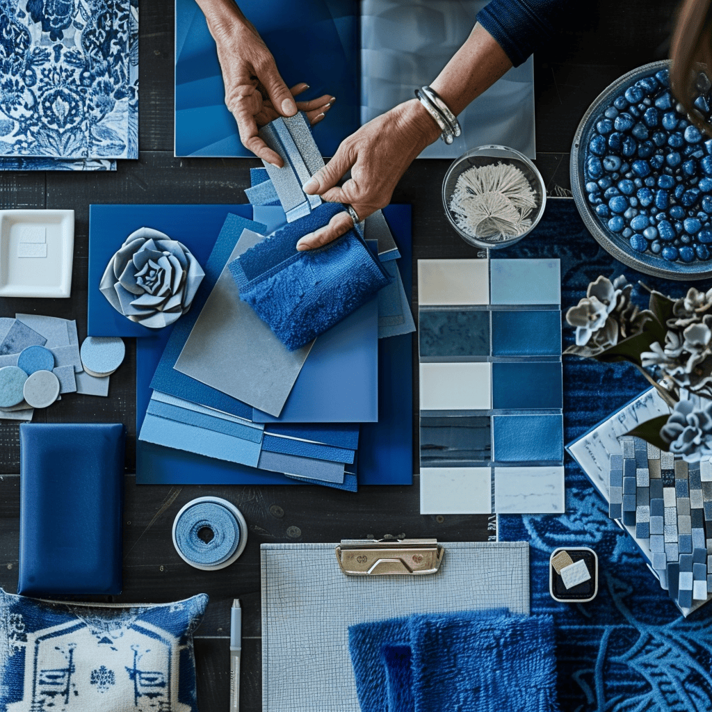 Blue-themed interior design moodboard for a tranquil ambiance