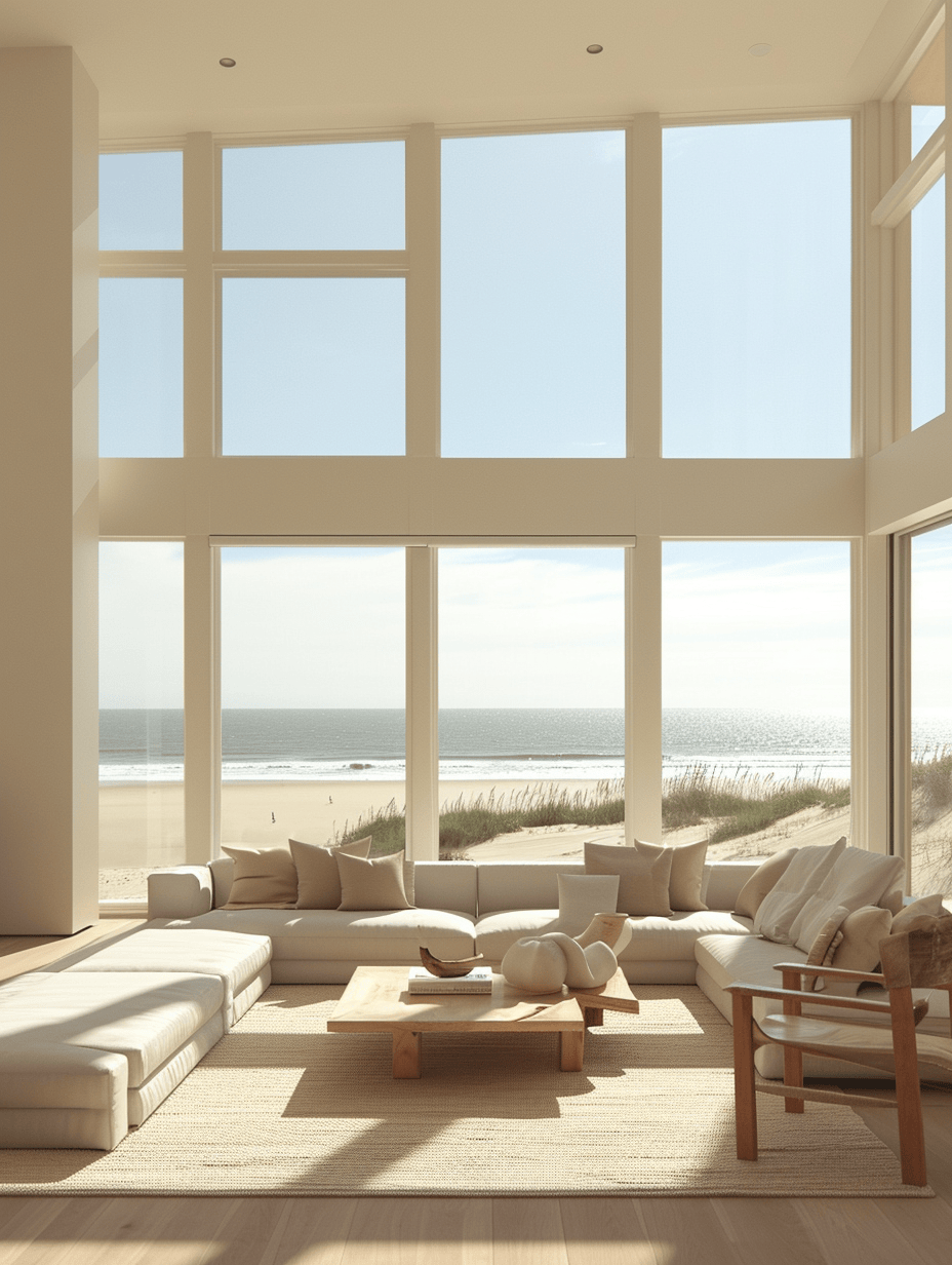 Blue accent pillows and decorations in a serene coastal living room setting