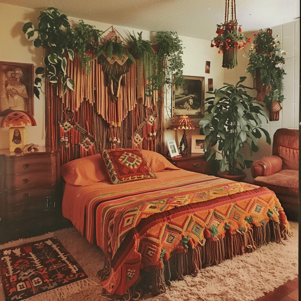 Bohemian 1970s bedroom ambiance enhanced by ornate macrame wall hangings, showcasing the era's love for craft