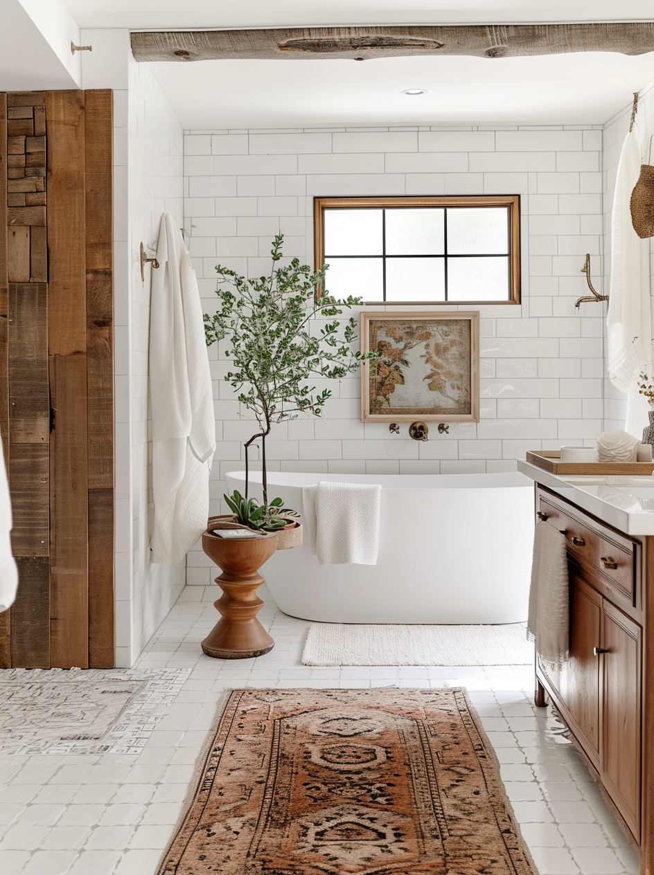 Bohemian bathroom with eclectic tiles and copper accents