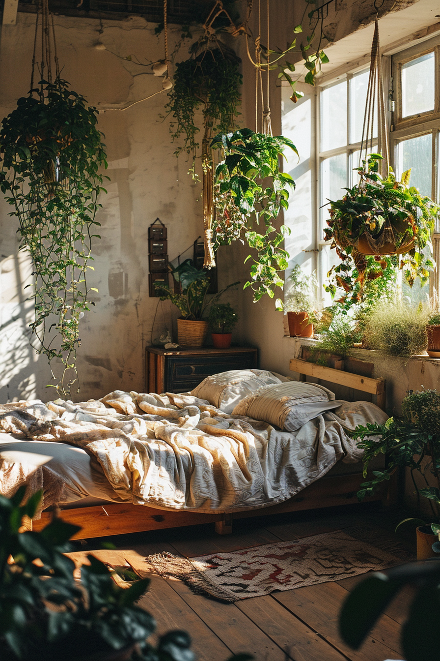 Bohemian bedroom elegance with velvet cushions and antique bookshelf