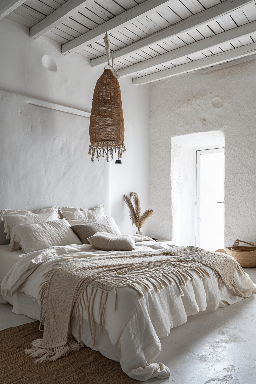 Bohemian bedroom warmth with knit blankets and soft fairy lights