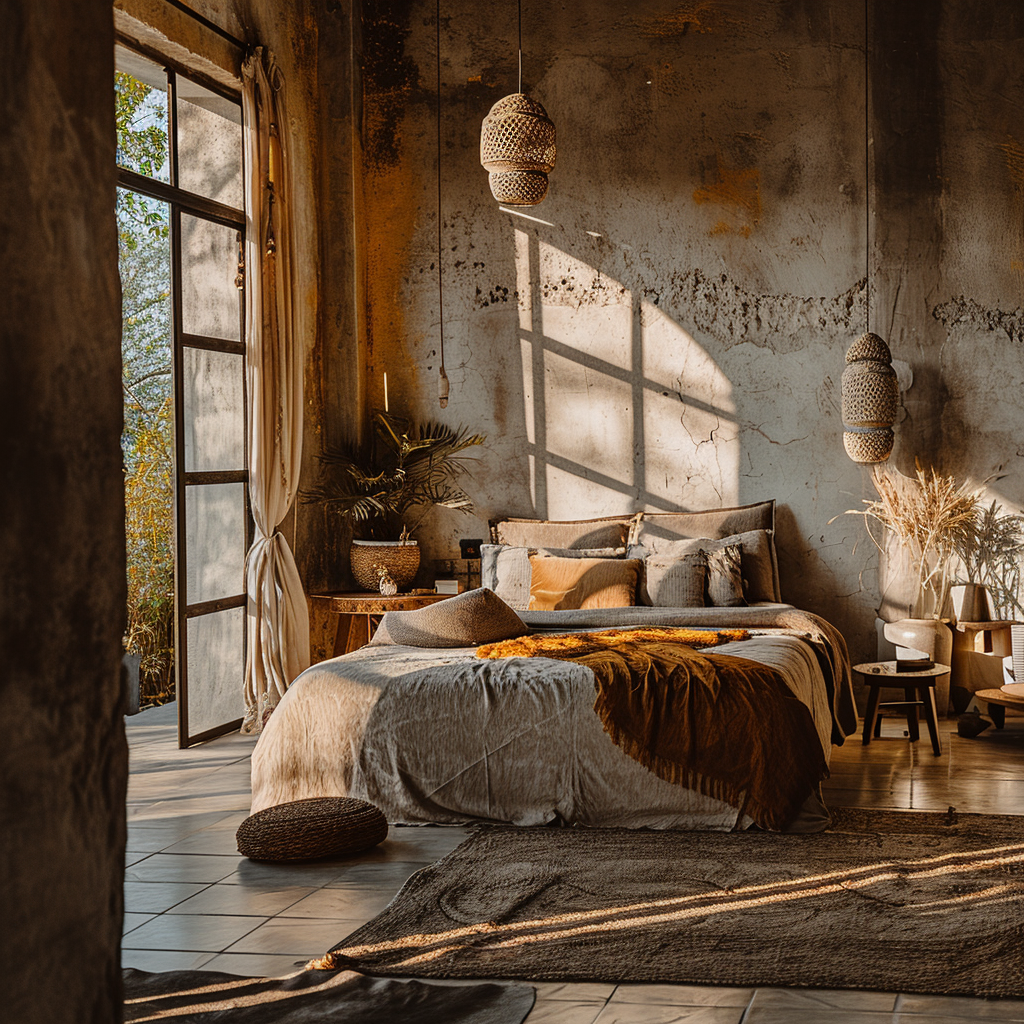 Bohemian bedroom with a mix of cultural decor and comfortable bedding