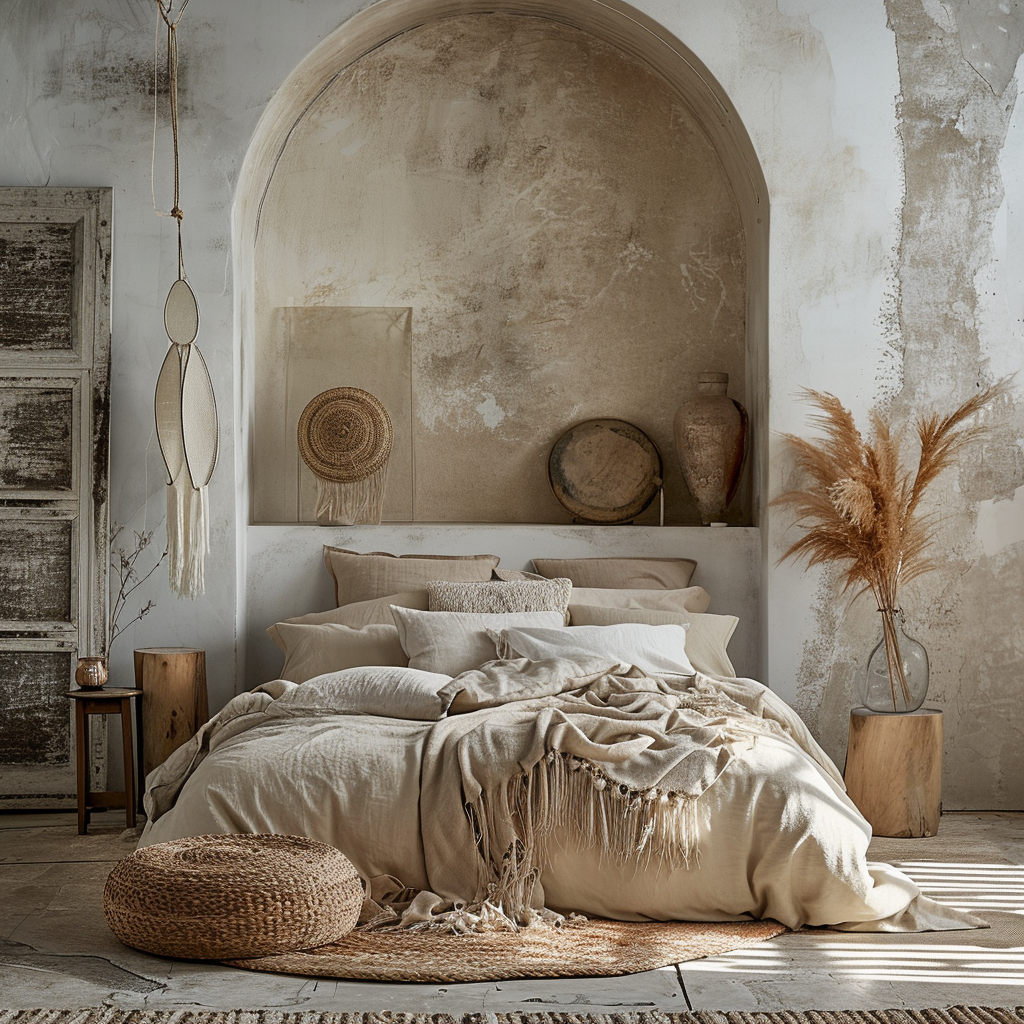 Bohemian bedroom with a touch of glamour, featuring gold accents and luxurious textures