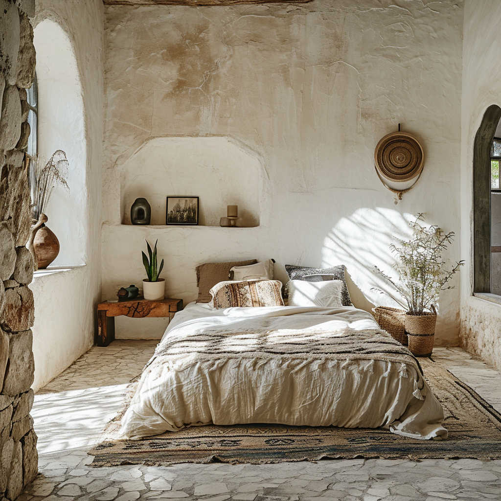 Bohemian bedroom with an array of plant life and boho-chic decor