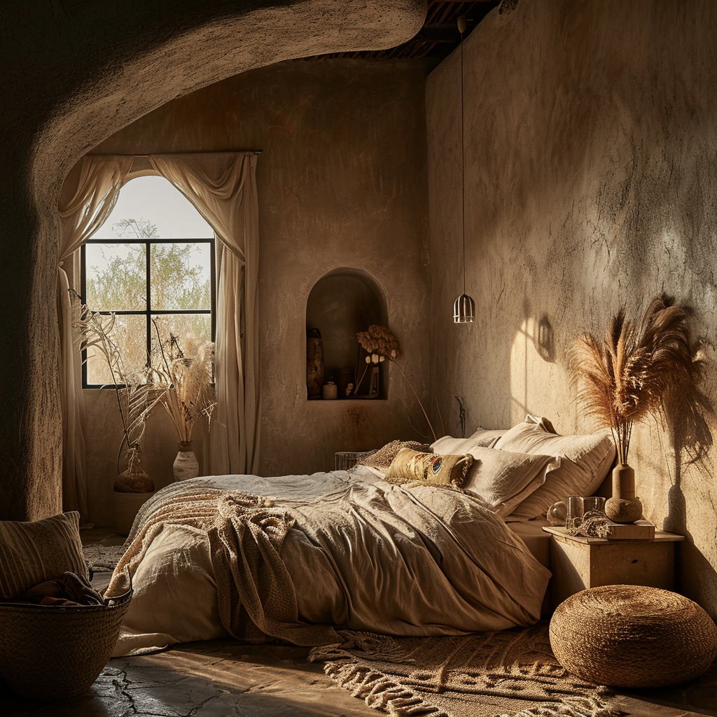 Bohemian bedroom with exposed brick and eclectic tapestry