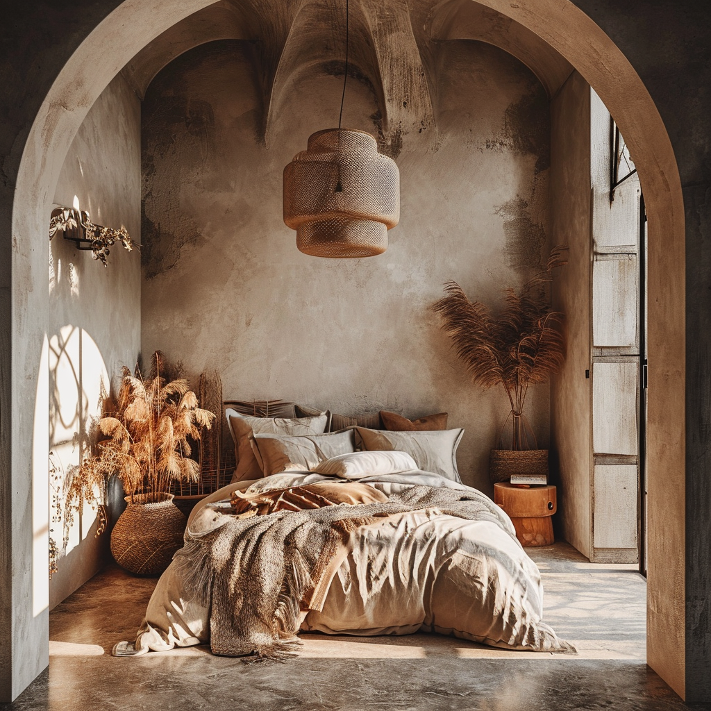 Bohemian bedroom with striking metal accents and rich color palette