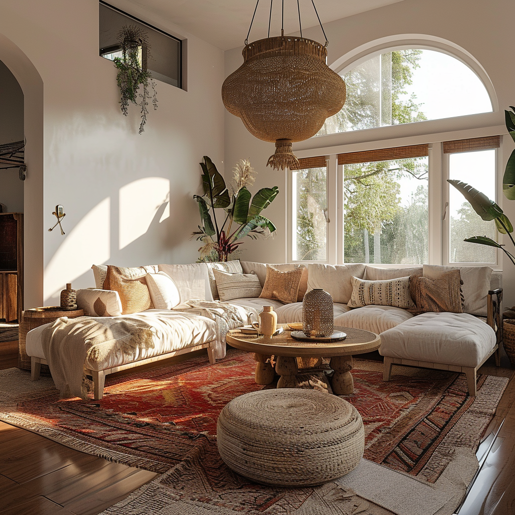 Bohemian living room that feels like a personal sanctuary with lush plants and soft lighting