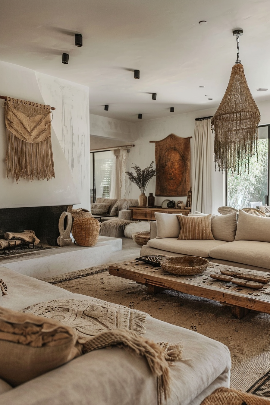 Bohemian  living room with a cozy fireplace and an array of plants and textiles