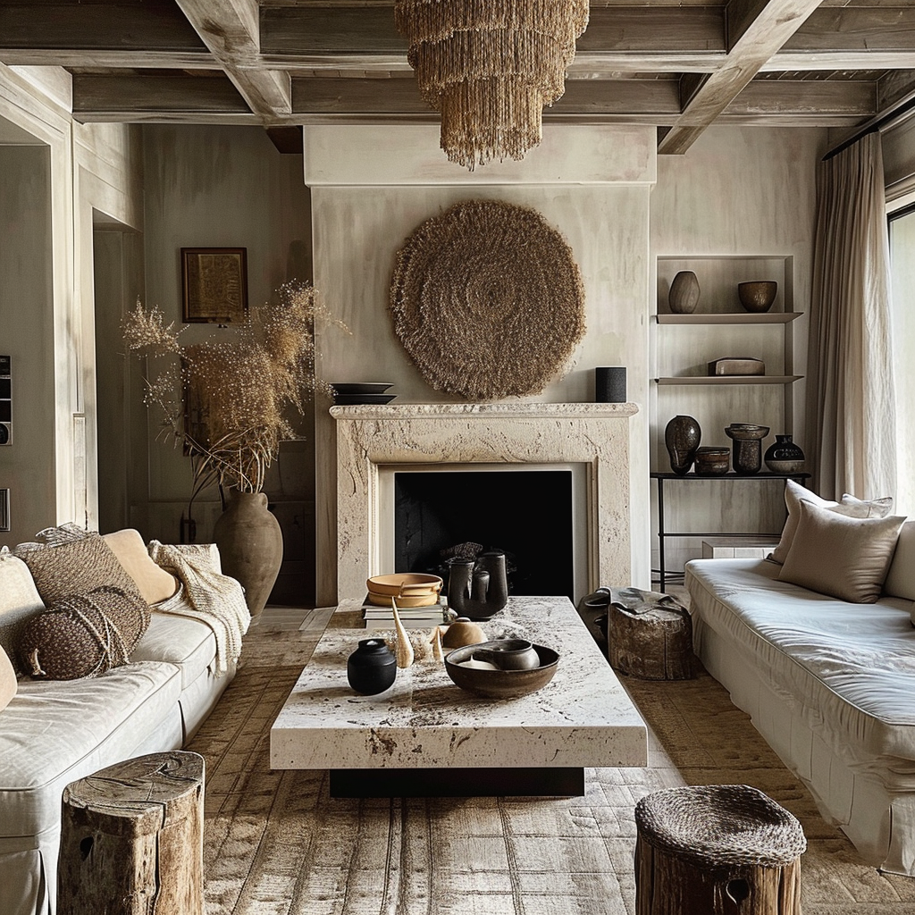 Bohemian  living room with a striking gallery wall and a mix of fabric textures