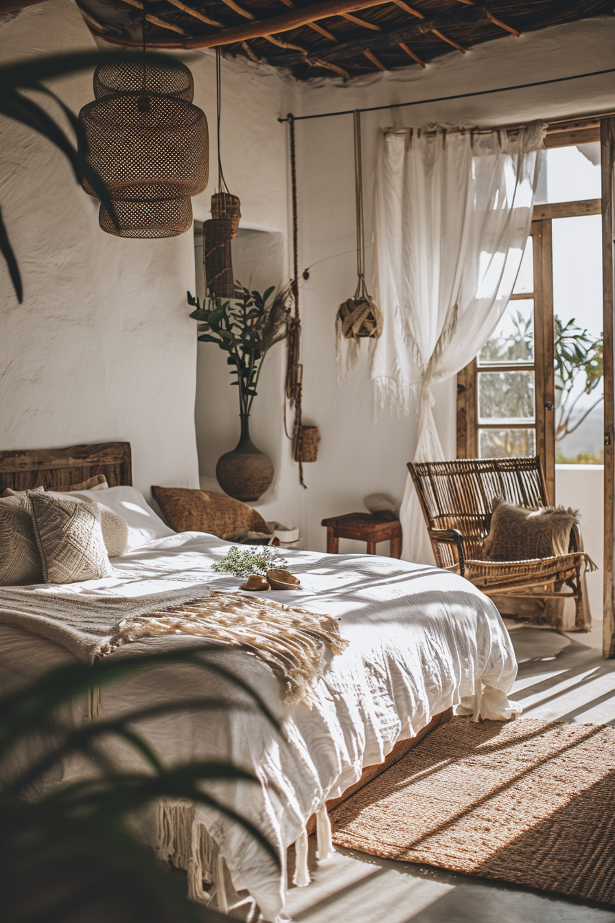 Boho-chic bedroom with decorative throw pillows and rattan headboard