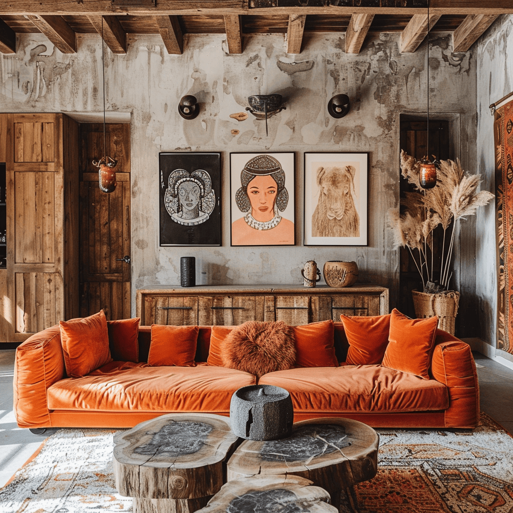Boho-chic living room  orange velvet sofa  terracotta textiles  rustic wood
