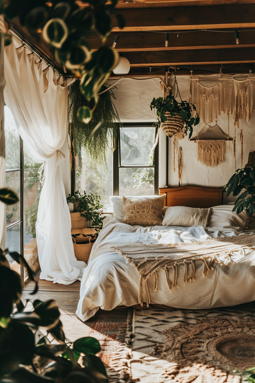 Boho-inspired bedroom with wooden ladder shelf and ivory textiles