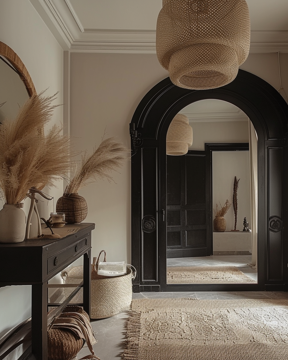 Boho Hallway decorated with lush plants in wicker baskets for a fresh, green touch