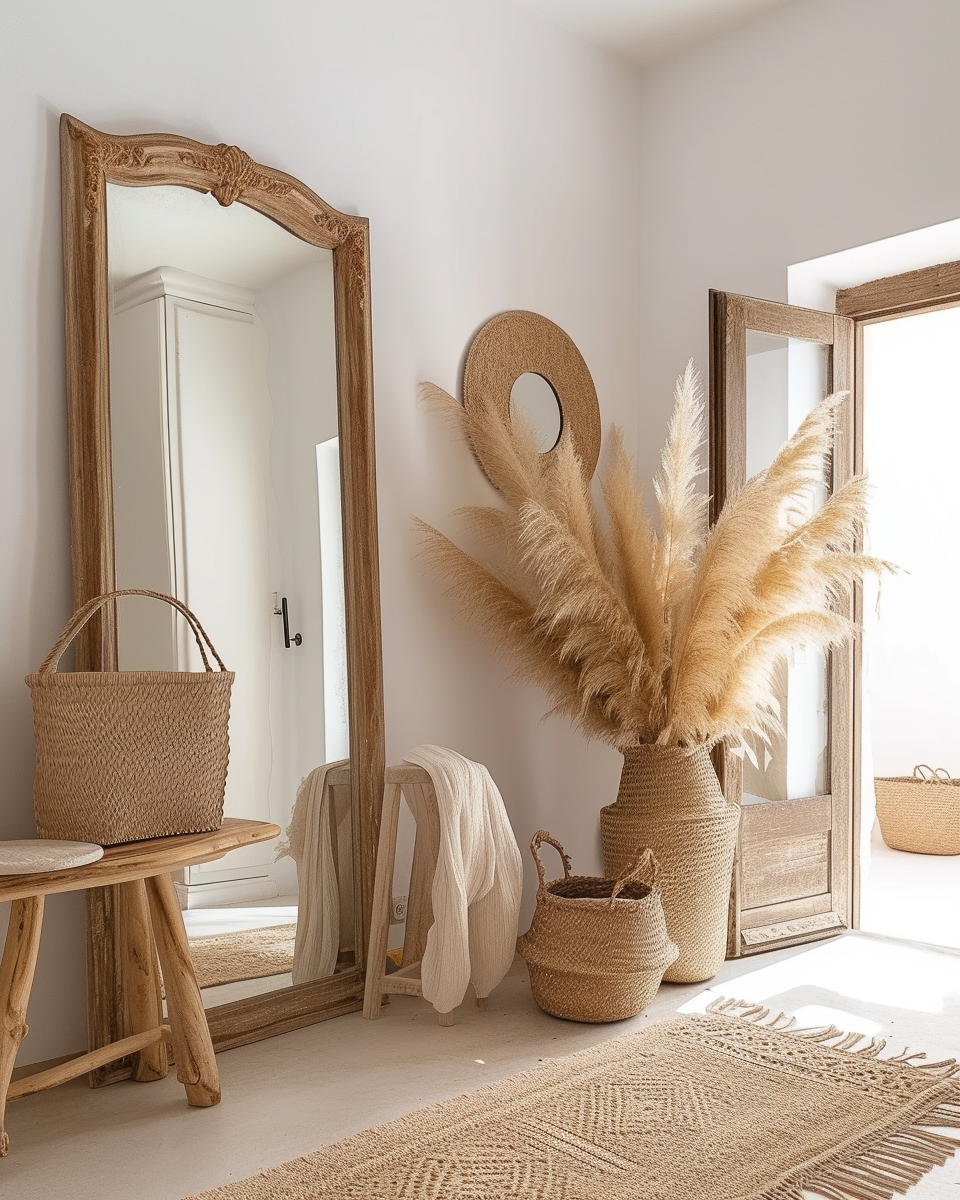 Boho Hallway enhanced with woven wall baskets, adding depth and interest