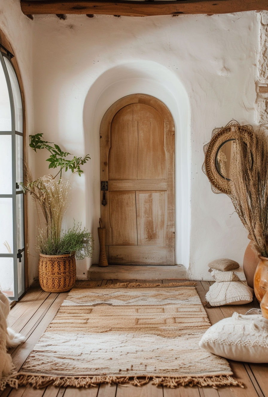 Boho Hallway lined with shelves of eclectic knick-knacks for a personal touch