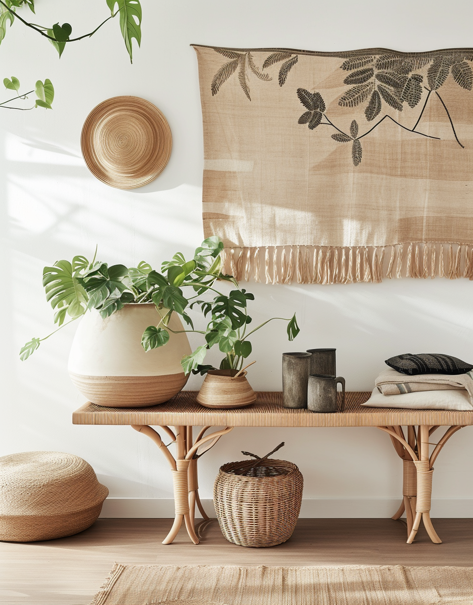 Boho Hallway with a sunburst mirror as a popular boho wall decor choice