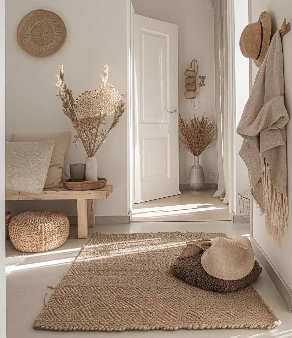 Boho Hallway with layered textiles, creating a rich, depth-filled atmosphere