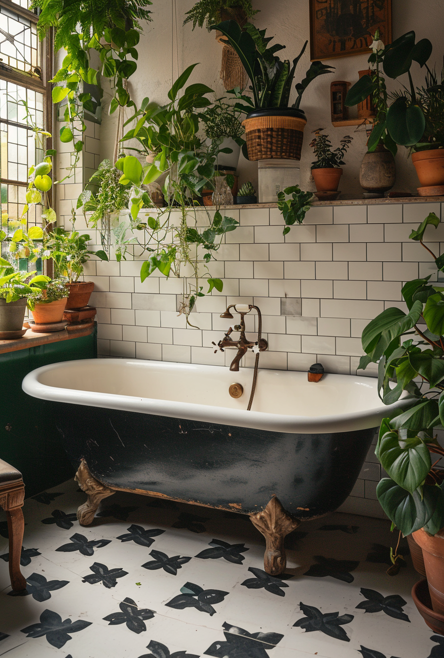 Boho bathroom dream with artistic touches and a relaxing vibe