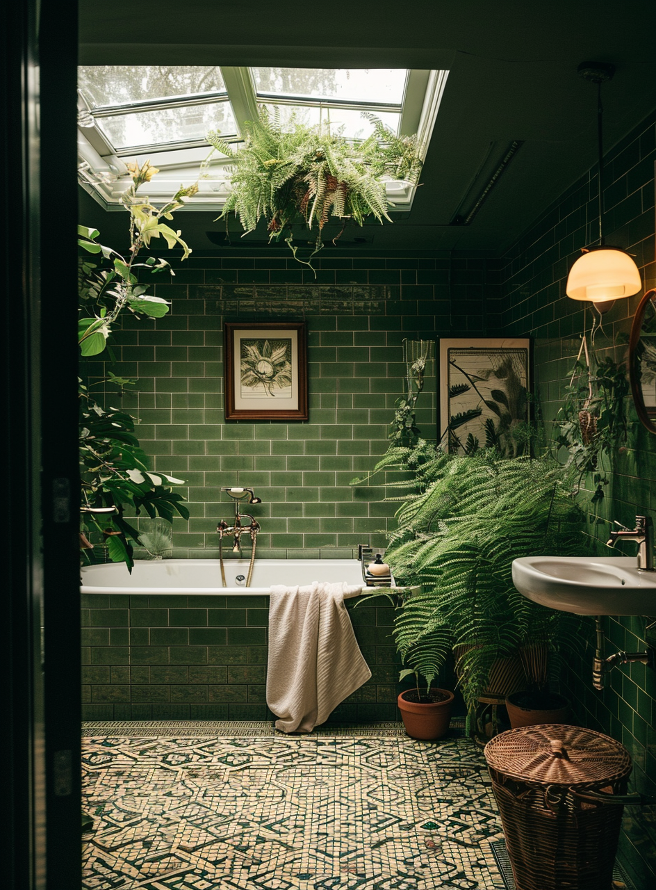 Boho bathroom haven with elegant fixtures and creative design