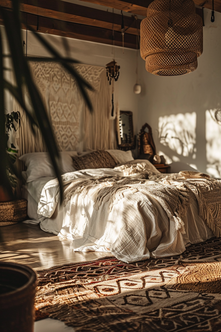 Boho bedroom allure with tribal-inspired prints and bamboo shades