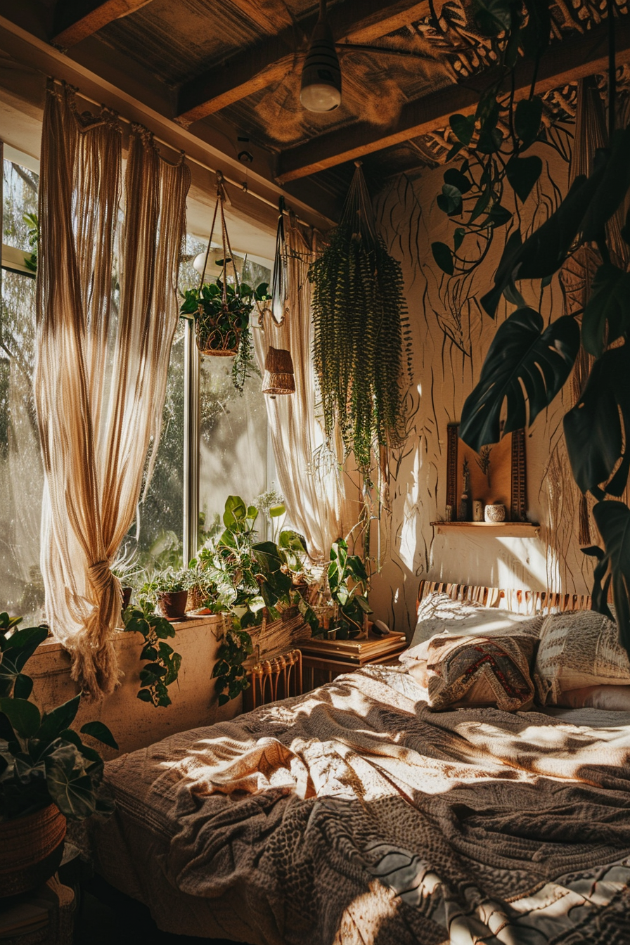 Boho bedroom bliss with floor cushions and mandala wall hanging