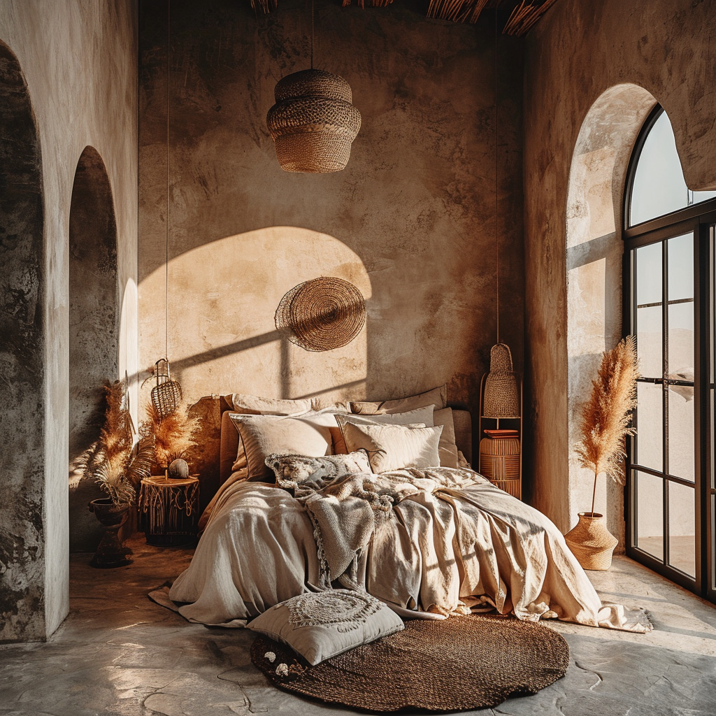 Boho bedroom chic with leather pouf and abstract paintings