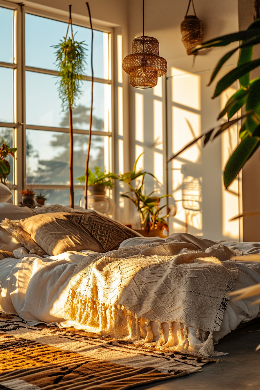 Boho bedroom comfort with plush area rug and soft hanging lanterns