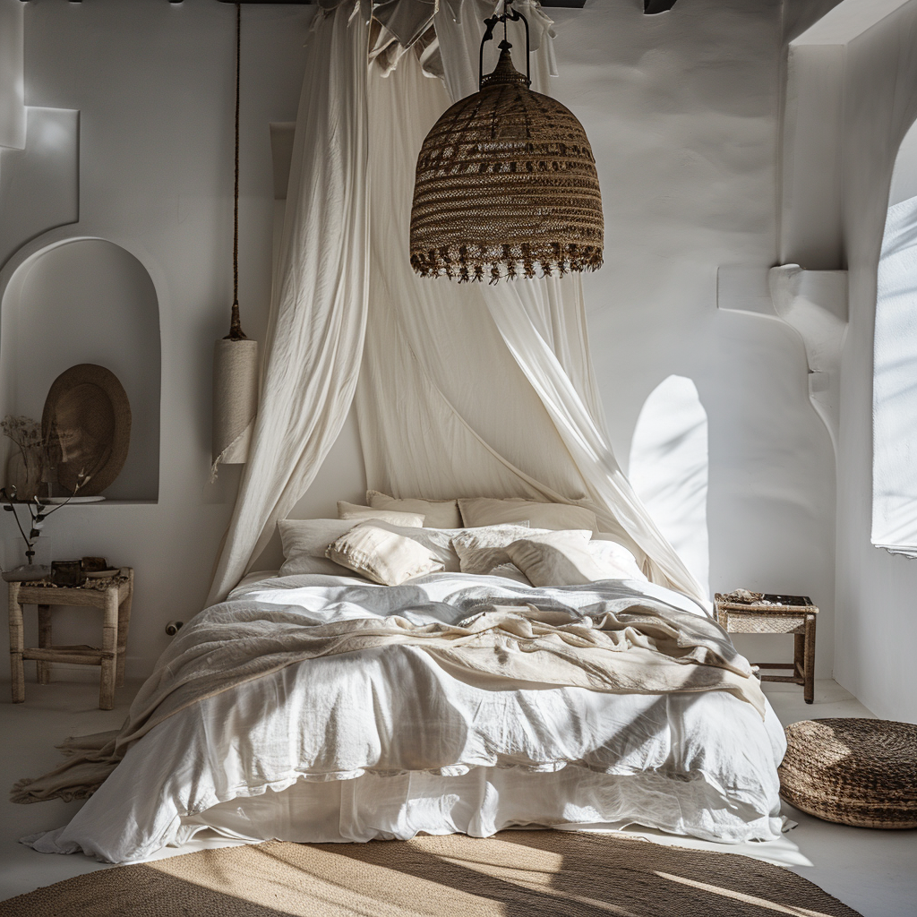 Boho bedroom coziness with chunky knits and rustic wood furniture