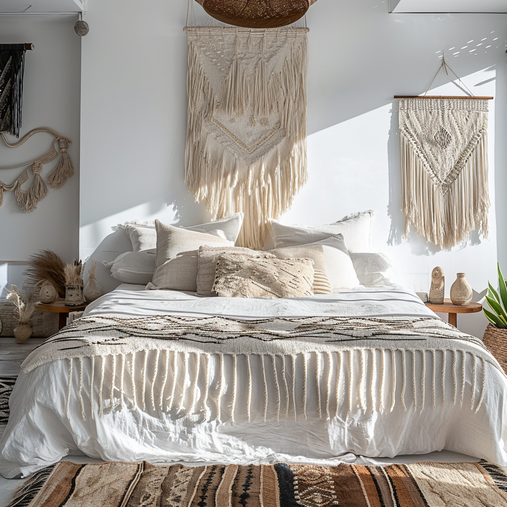Boho bedroom creativity with wall-mounted instruments and ambient lighting