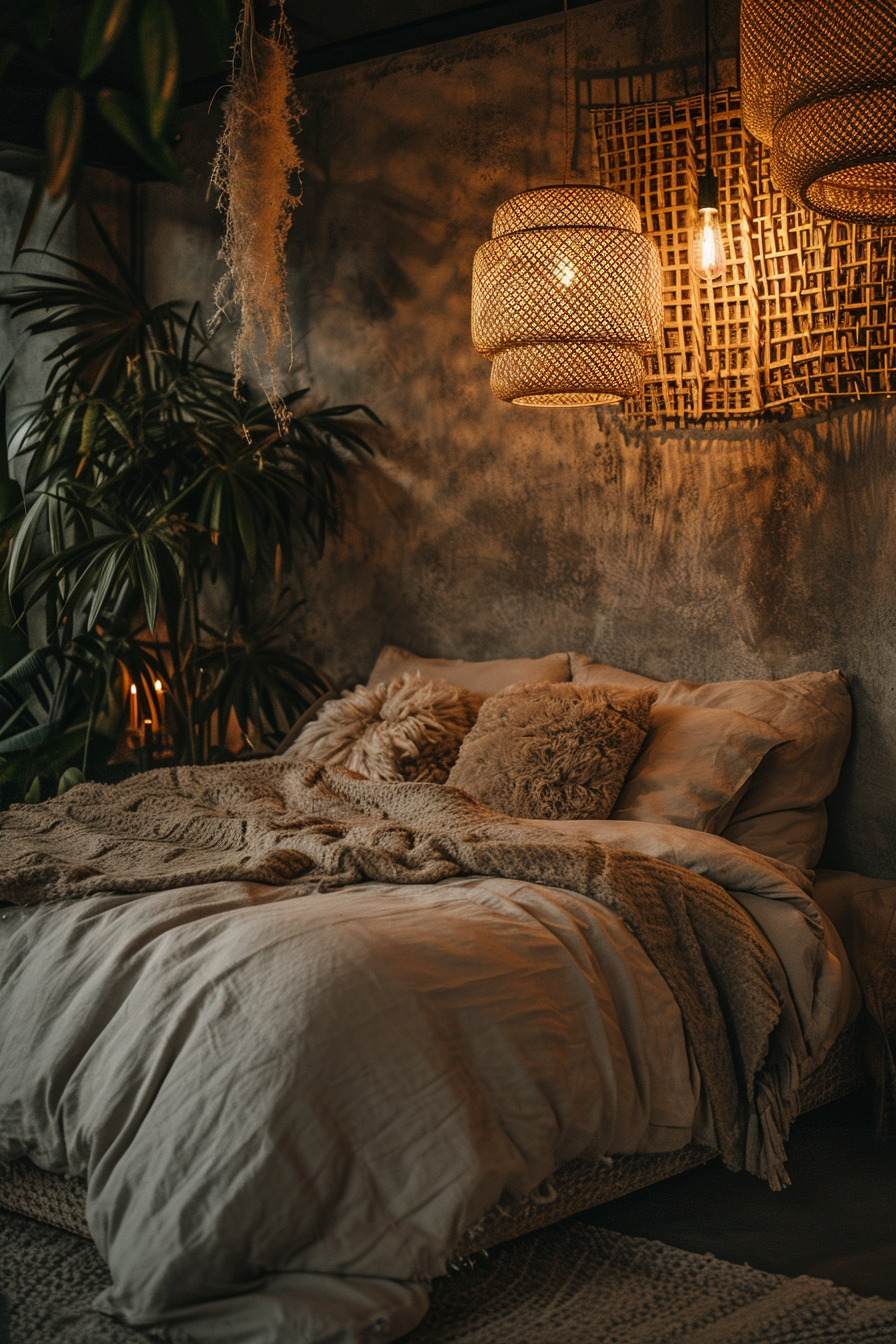 Boho bedroom dream with canopy bed and Moroccan poufs