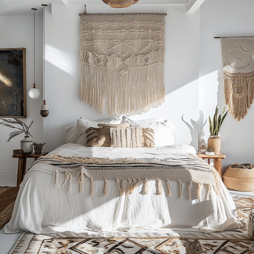 Boho bedroom luxury with plush velvet bedding and golden accents