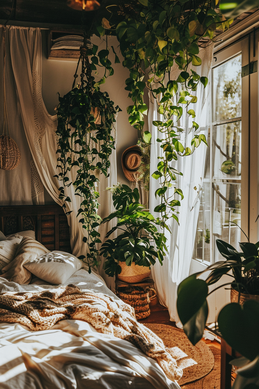 Boho bedroom paradise with hammock chair and tropical plants