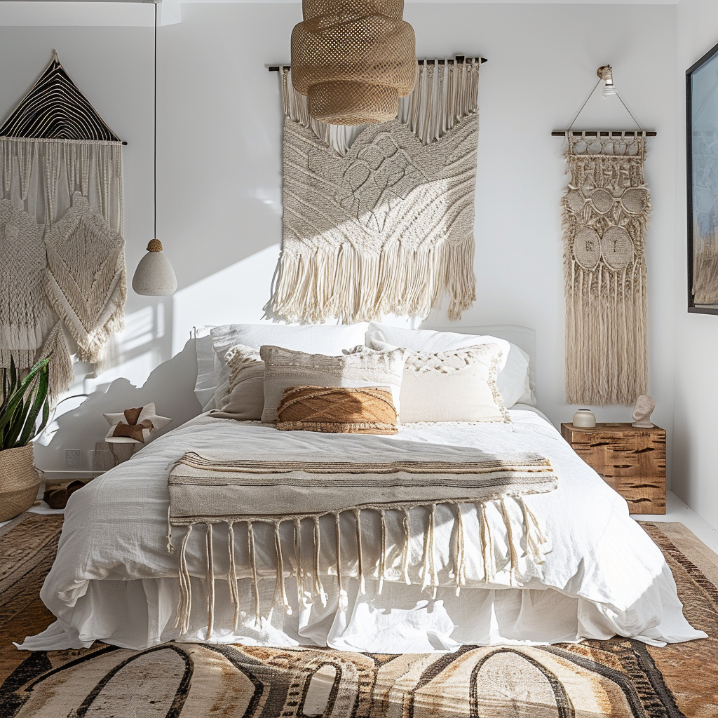 Boho bedroom retreat with a fusion of bright colors and soft, inviting textiles