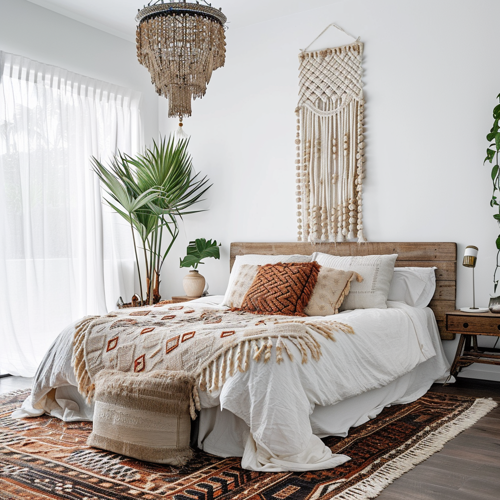 Boho bedroom simplicity with clean design and green accents
