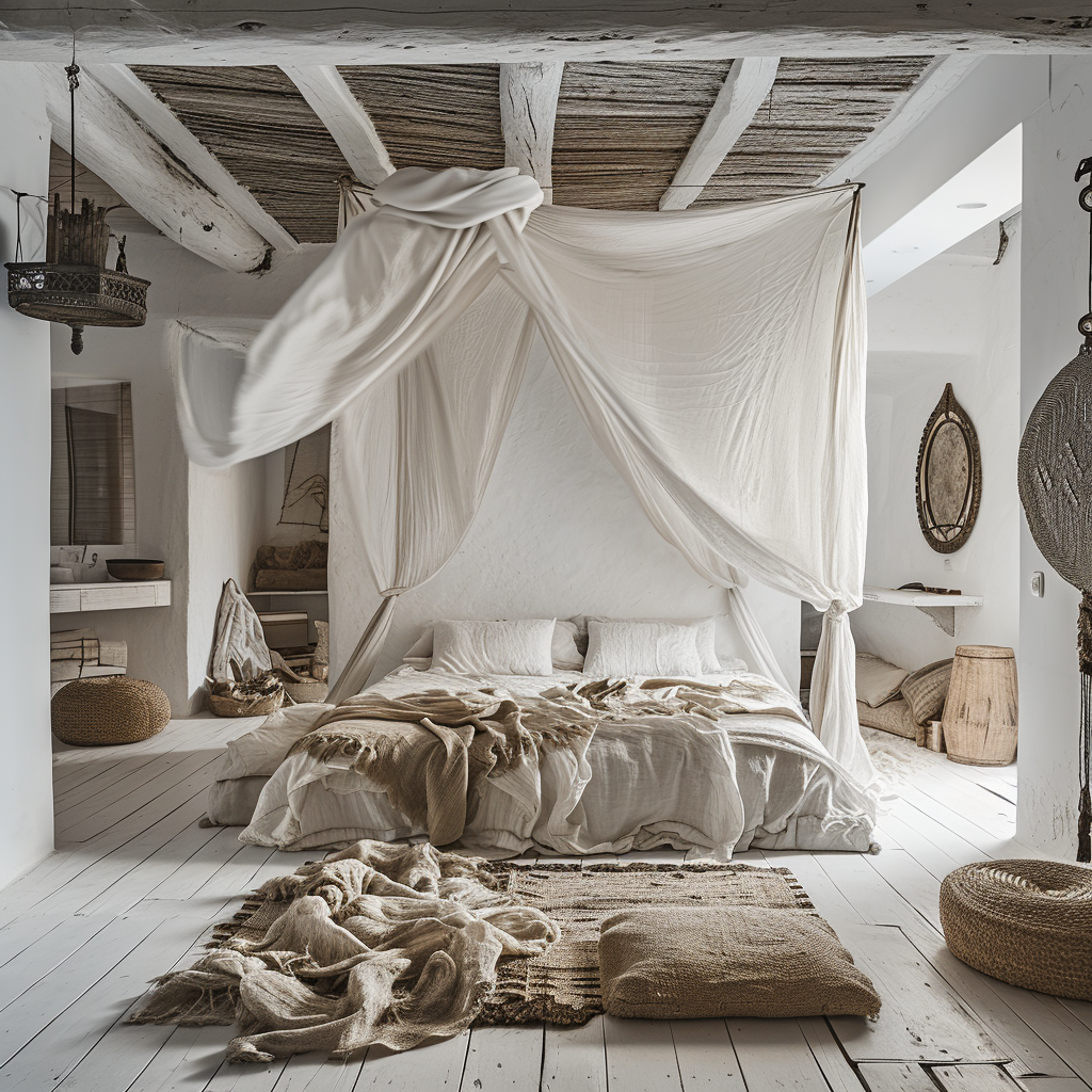 Boho bedroom with intricate mandala designs and cozy corner for meditation