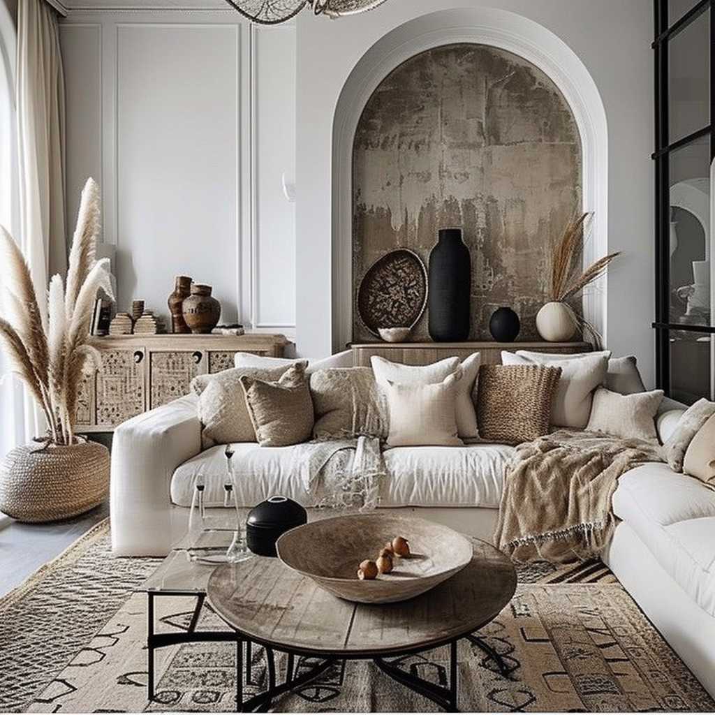Boho living room featuring a statement vintage couch and eclectic accents