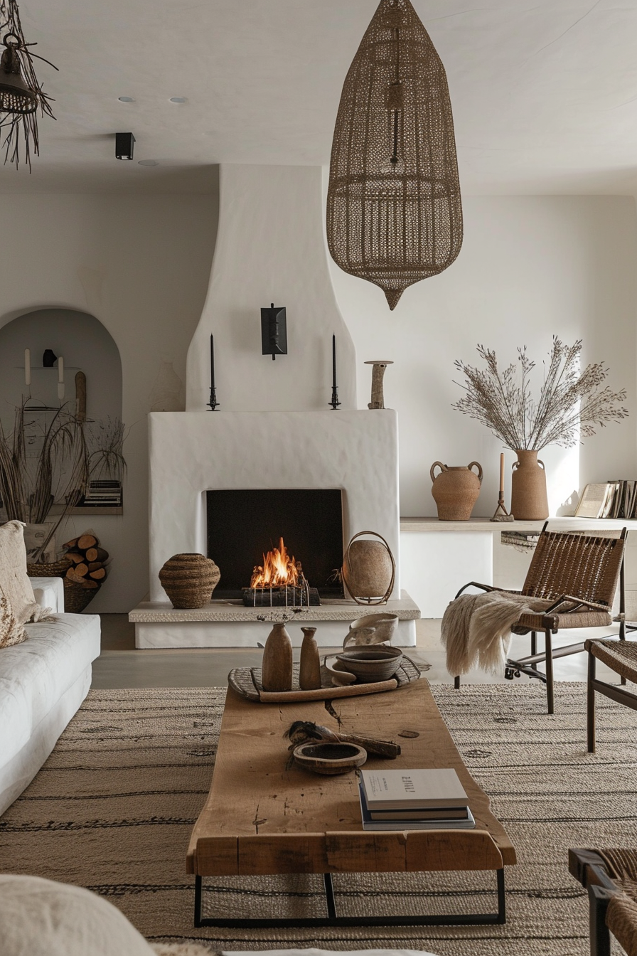 Boho living room that's both airy and intimate, with layered rugs and throws