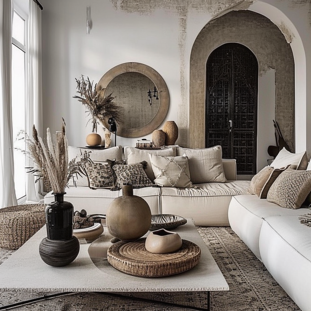Boho living room with a focus on natural materials and handwoven textiles