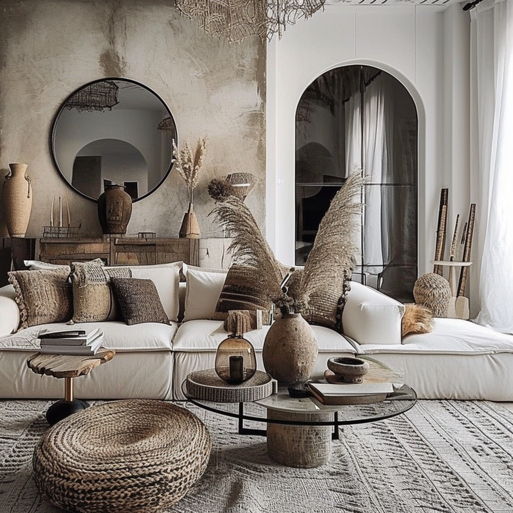 Boho living room with a mix of antique and contemporary design pieces