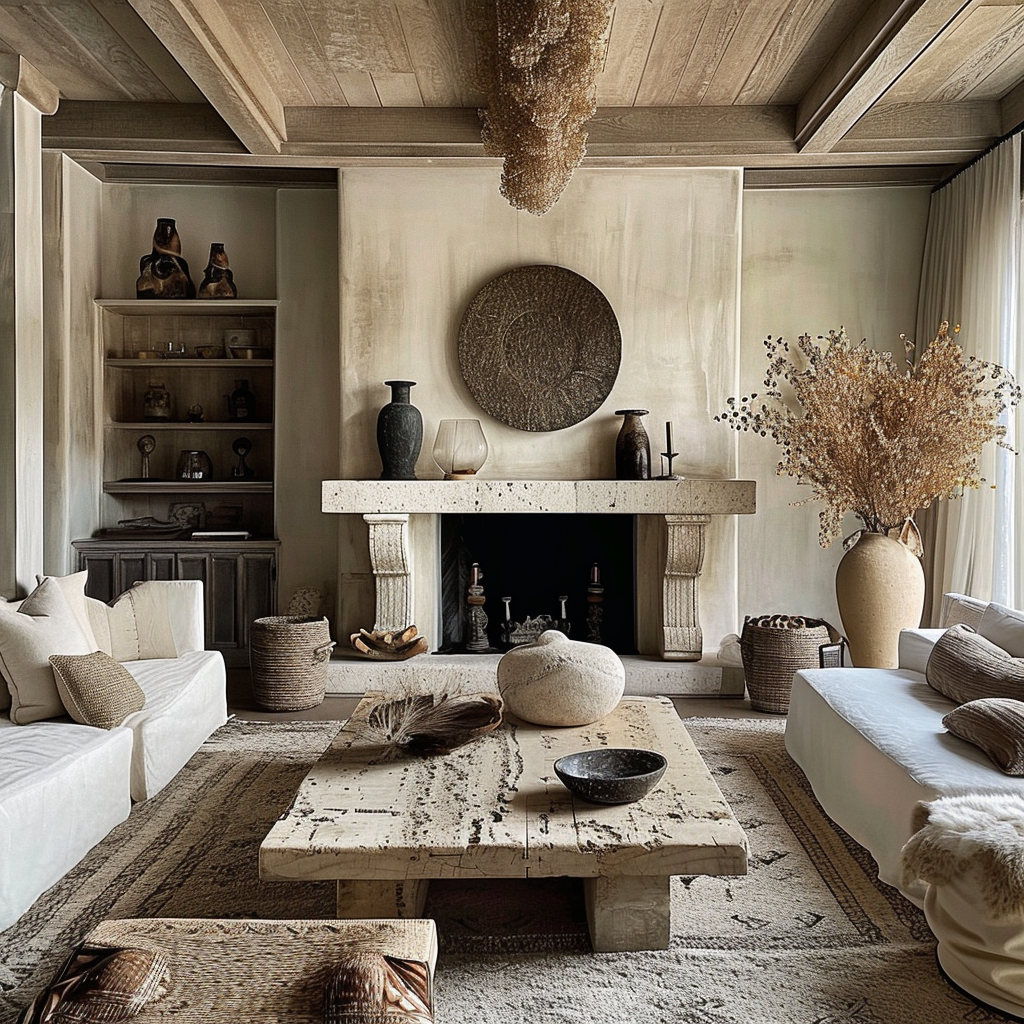 Boho living room with a playful mix of textures and an array of cushions