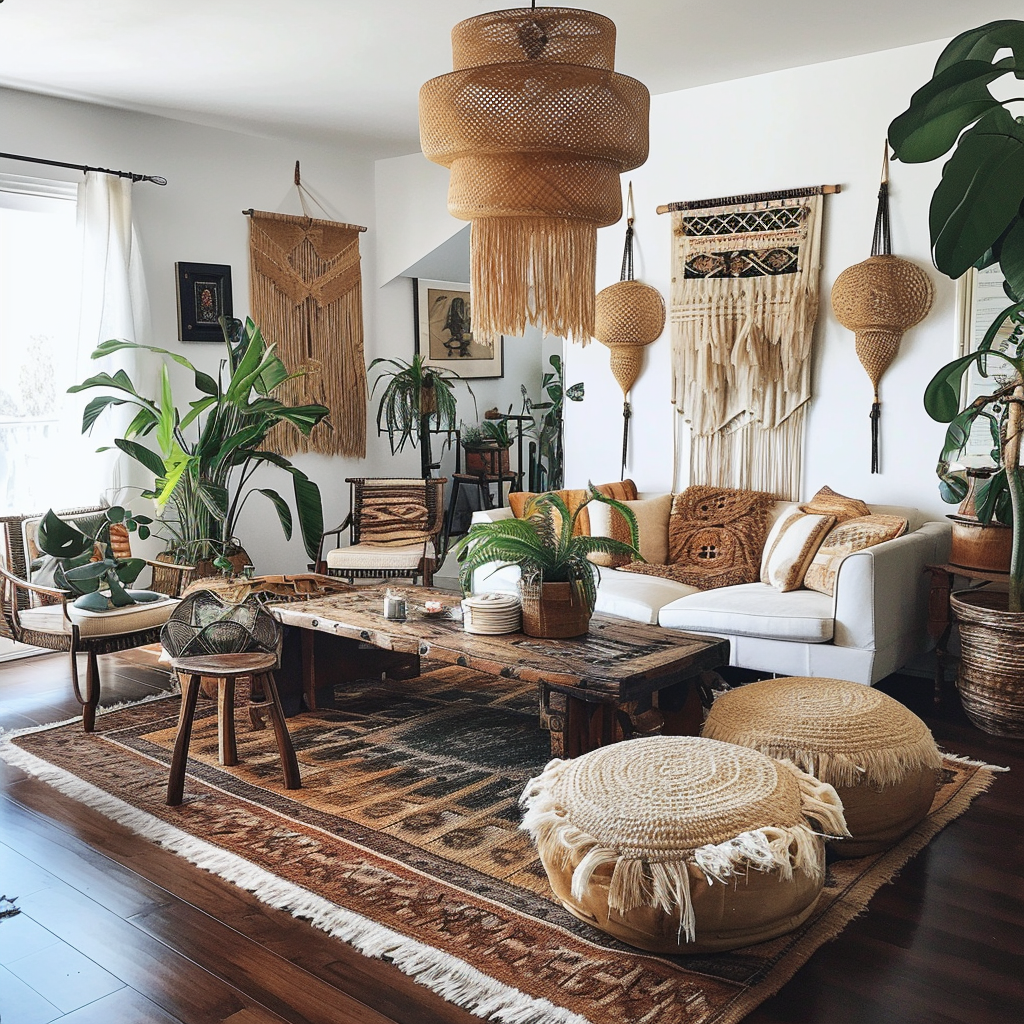 Boho living room with an artistic flair and a casual, laid-back atmosphere