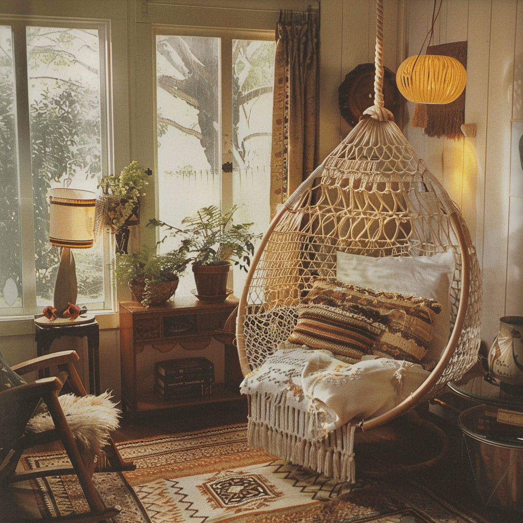 Bold 1970s bedroom setup showcasing a hanging rattan chair, reflecting the decade's love for natural textures