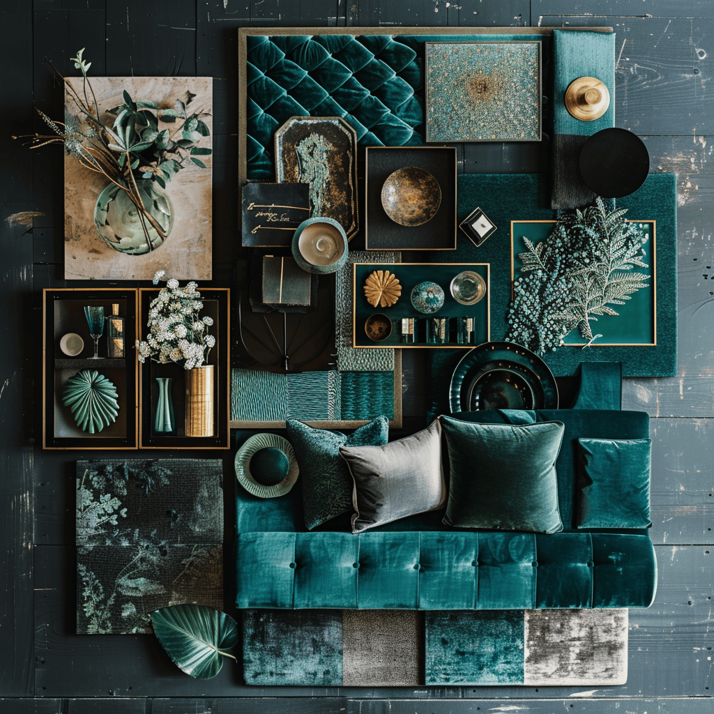 Bold and captivating dark teal moodboard for striking home decor