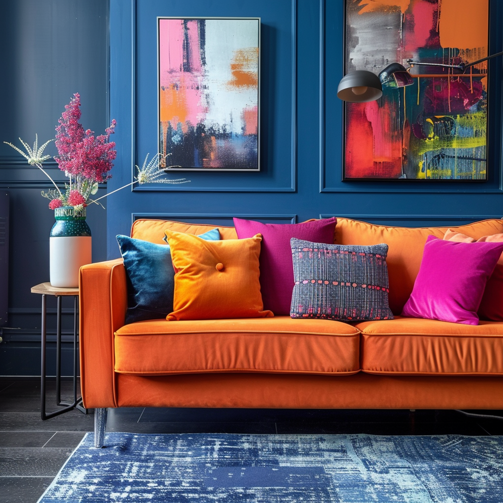 Bold and expressive color palette in 70s living room design
